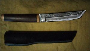 Vintage Knife Tanto Dragon Dagger Fixed Blade Hickory Handle Dragon Leather 20th