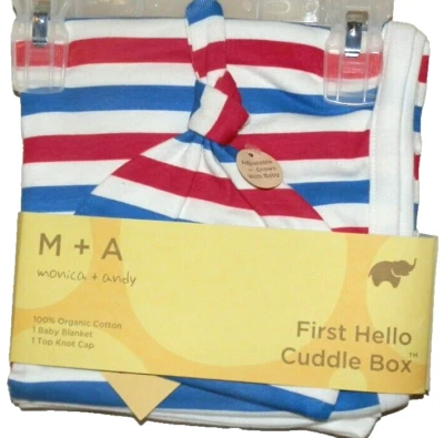 Nuevo Bebé Niño Niña First Hello Cuddle Box Manta y Gorra Nudo Superior Rojo Blanco Azul Foto 1 de 2