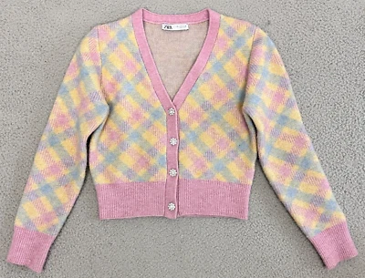 Zara 粉彩开衫女式中号水钻珠宝纽扣 Blogger Fave Argyle — 第 1/4 张图片