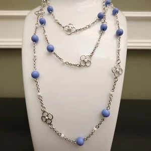 Lia Sophia necklace clover stations cornflower blue beads silvertone chains long - Picture 1 of 7