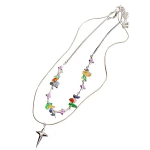 Enamel Star Necklace Colorful Stone Accents Neck Chain Stylish Collarbone Chain - Picture 1 of 8