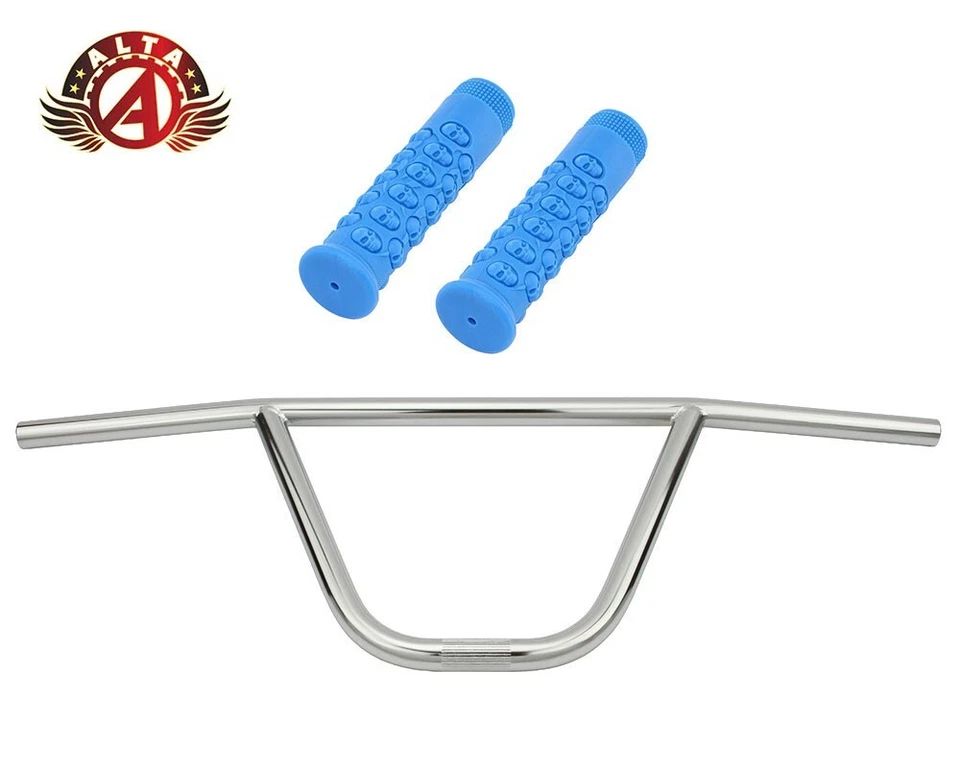 ALTA CW PRO Old School Classic Chrome Handlebar W/ 116mm SKULL BMX Style GRIPS. - Image 1 of 1
