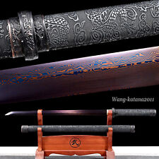 78CM Black Dragon Ninjato Blue&Red Damascus Folded Steel Japanese Samurai Sword