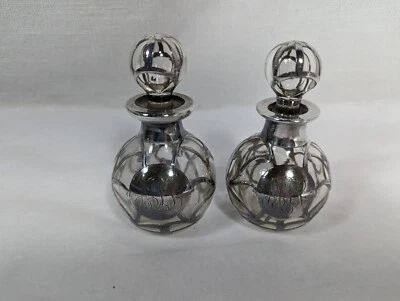 Pair Antique Sterling Overlay 3 1/4" Glass Perfume Bottles w Stoppers (READ) - Image 1 of 4