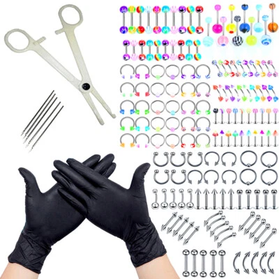 63pc Mixed Body Piercing Kit Professional Tool Set Eyebrow Ear Nose Navel Tongue Foto 1 de 4