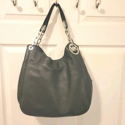 Michael Kors Fulton Pebble Leather Hobo Bag Black Large Shoulder Purse Silver MK - Image 1 of 4