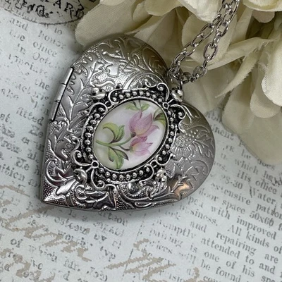 Silver Heart Necklace Locket Tulip Pink Wedding Bridal Mother of the bride Gift - Image 1 of 4