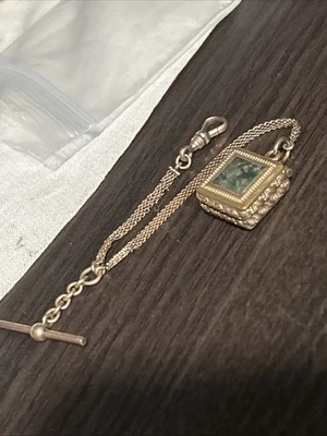 Antique Short Gold Filled B&D Pocket  Watch Chain Old Goldstone Mossy Locket Fob - Image 1 of 4