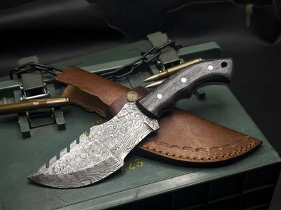 Handmade Damascus Steel Tracker knife Wood Handle, Leather Sheath - Image 1 of 4