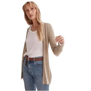 COUNTRY ROAD Merino Wool Silk Slim Longline Cardigan Size M 12 V-neck Oatmeal - Picture 1 of 15