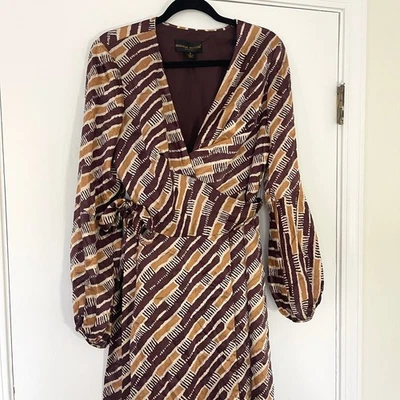Vintage Donna Ricco Silk Brown Beige Print Long Balloon Sleeve Wrap Dress Size 8 - Image 1 of 4