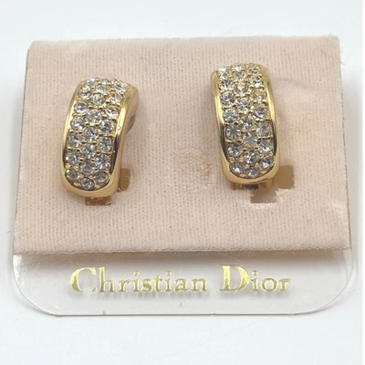 Rare NWT Vintage Christian Dior Gold Tone Rhinestone Pave Clip On Earrings - Image 1 of 4