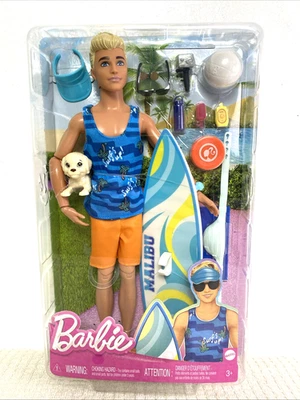 Кукла Beach Surfer Ken с доской для серфинга щенок домашнее животное и аксессуары Barbie Mattel - Изображение 1 из 4