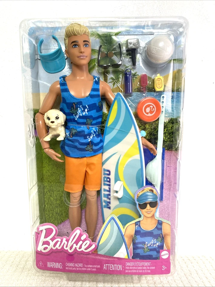 Beach Surfer Ken Doll With Surf Board Puppy Pet & Accessories Barbie Mattel