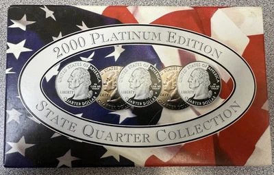 A COMPLETE 2000 P Five Coin "BU" "PLATINUM PLATED" State Quarter Set Box & COA - Image 1 of 2