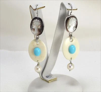 ORECCHINI IN ARGENTO 925 CON CAMMEI MADREPERLA VOLTO TURCHESE E PERLE AGHT 0486 - Immagine 1 di 3