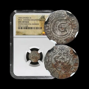 LIVONIA. 1656, 1 Solidus, Silver - NGC UNC - CXG, Sweden, Riga, Crossed Keys - Picture 1 of 5