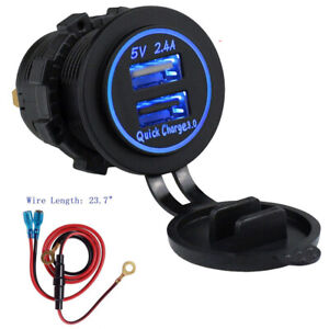 Car Dual Port USB Power Outlet QC3.0 Phone Fast Charger Socket Adapter Blue LED