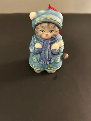 Schmid 1991 Hanging Ornament Cat Figurine  Blue Winter Coat & Scarf Collectible - Image 1 of 4