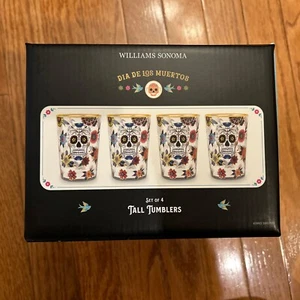 Williams Sonoma Day of the Dead Sugar Skull 4 Gold Rim Glass Tumblers Tall 17oz - Picture 1 of 4