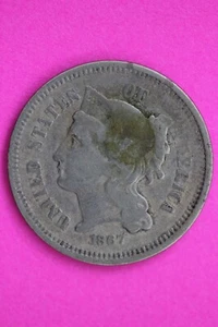 1867 Three 3 Cent Nickel Scarce Type Coin Guaranteed Authentic & Genuine 0735N - Picture 1 of 3