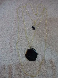 Yellow Gold Plated Necklace with a BLACK ONYX Stone Pendant - Picture 1 of 6