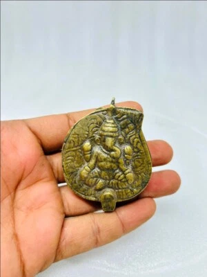 Ancient Brass Hand Embossed Hindu God Ganesha Kumkum Tikka Box Old Sindoor Box - Image 1 of 4