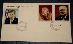 BHUTAN, FAMOUS MEN 3-D FIRST DAY COVER, "JFK, Ghandi and Churchill," 04-22-1972 - Picture 1 of 4