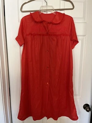Vintage Nancy King Lingerie Nylon/satin Robe/gown Red With Red Lace med - Image 1 of 4