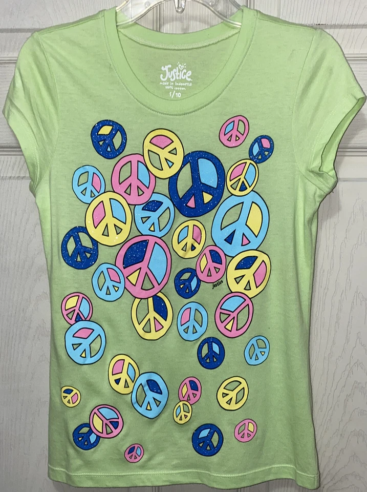 Girls Sz 10 Justice Lime Green Peace Sign Short Sleeve Shirt - Image 1 of 3