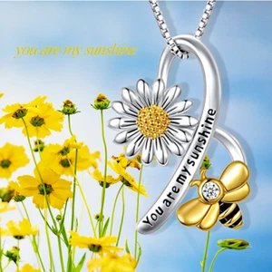 DAISY FLOWER BEE pendant DIAMOND Cut 925 Sterling Silver 22" Necklace Women Gift - Picture 1 of 6