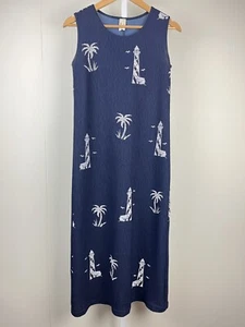 Vintage 90s Kovy Navy Blue Maxi Dress Lighthouse Nautical Resort Vacation Medium - Picture 1 of 5
