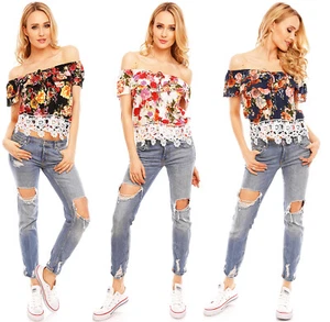 Damen Top Spitze T-Shirt Schulterfrei Sommertop Bluse Volant Hemd Blumen Z7109 - Picture 1 of 24