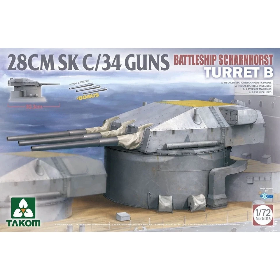 Takom 1:72 German Battleship Scharnhorst B Gun Turret Model Kit - Gray