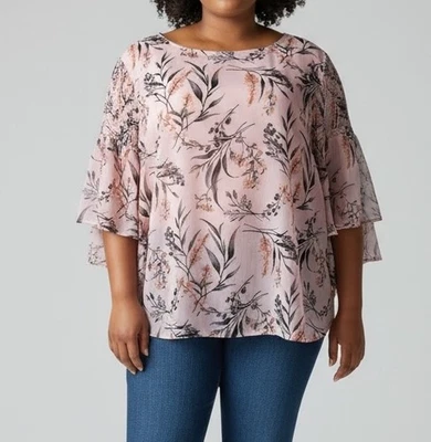 ALYX Pink Floral Blouse Top XL Sheer Bell Sleeve Lined Lightweight Dressy - Image 1 of 4