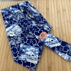 Tommy Bahama 100% silk Hawaiian With Surfer Beach Scene Stamp Photo Stamps VTG - Picture 1 of 7