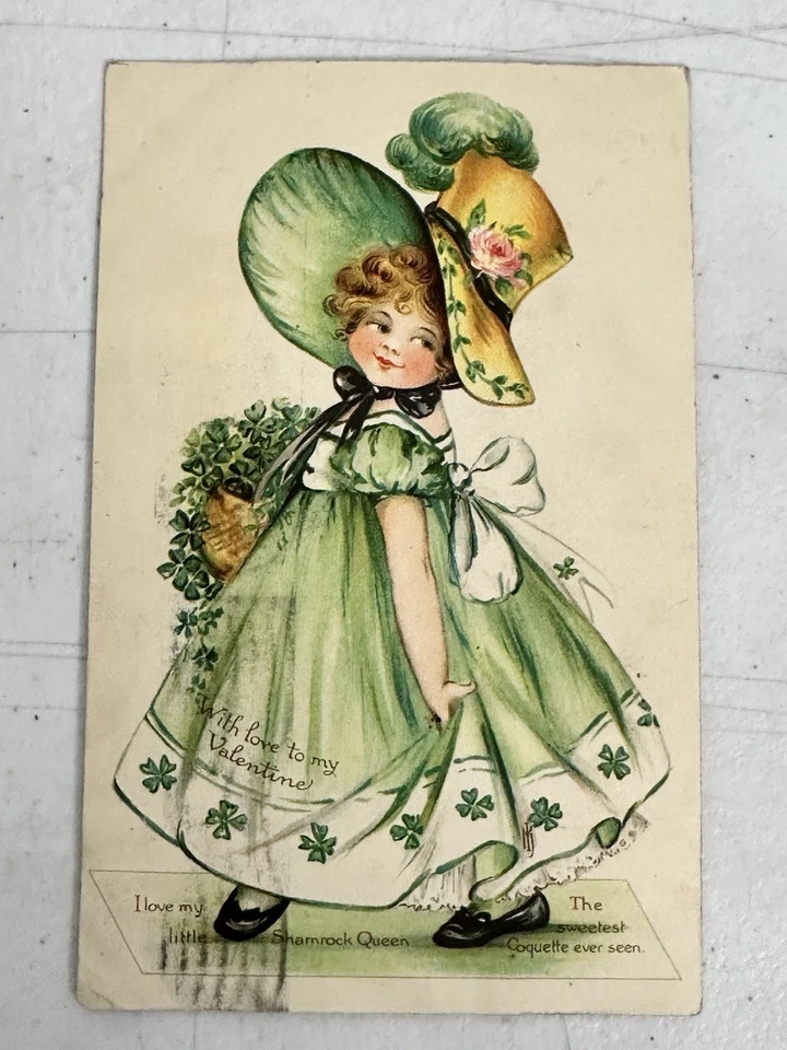 Tarjeta postal de San Valentín 1911 trébol reina niña en vestido verde Ernest Nister E.P. Du Foto 1 de 4