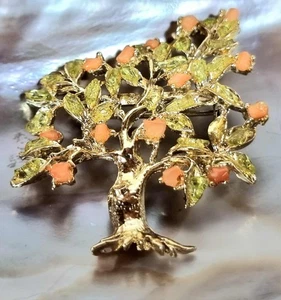 Juego de broches de árbol tono dorado con peridoto y piedras de coral 5,5 cm - Imagen 1 de 4