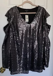 Lane Bryant Sequin Top Size 22 VNeck Cold Shoulder Steel Gray Long Sleeve - Picture 1 of 10