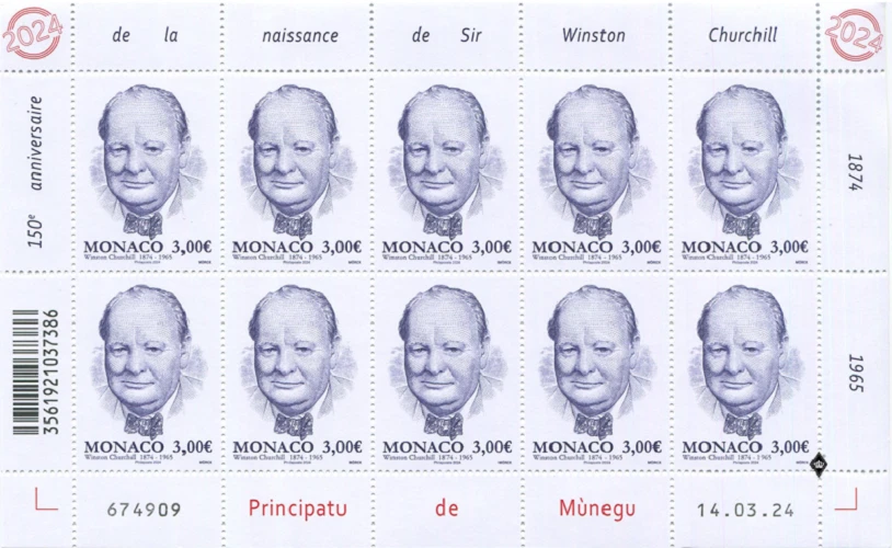 Mónaco 2024 Hoja Completa 150 ANIVERSARIO DEL NACIMIENTO DE WINSTON CHURCHILL MNH Foto 1 de 1