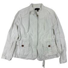 Talbots White Cotton Linen Utility Jacket Pockets Drawstring Waist Band Collar M