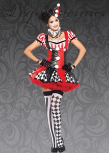 Harlequin Clown Costume Sexy Adult 3 Pc Red/Blk/Wht Dress Collar & Hat + Bonus - Picture 1 of 2