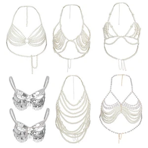 Womens Faux Pearl Body Chain Hollow Out Bra Tops for Beachwear Rave Party - Picture 1 of 71