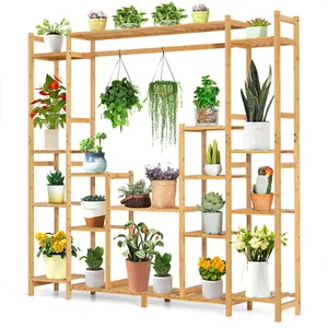 9-Tier Bamboo Plant Stand Potted Holder w/Hanging Rack Tall Display Shelf Unit - Picture 1 of 11