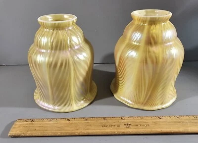 2 BELL SHAPED IRRIDESCENT GOLD PEACOCK PULLED FEATHER GLASS LAMP SHADES - Image 1 of 4