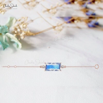 Браслет из чистого золота 14 карат с бриллиантами 2 мм подлинный радужный лунный камень для женщин - Изображение 1 из 4