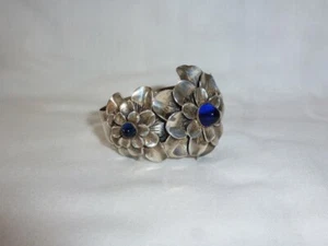 VINTAGE Joseff of Hollywood SILVER double camellia CLAMPER BRACELET - Picture 1 of 9