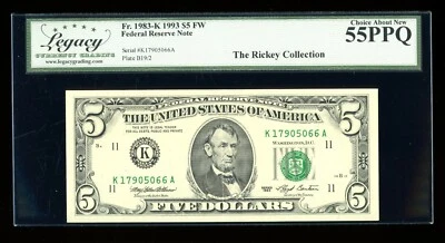 DBR 1993 $5 Dallas Fr. 1983-K Legacy 55 PPQ Serial K17905066A - Image 1 of 2