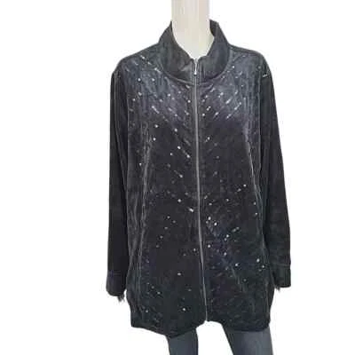 Quacker Factory NWOT Dressy Velour Black Sequin Zip Front Jacket Sz XXS - Image 1 of 4