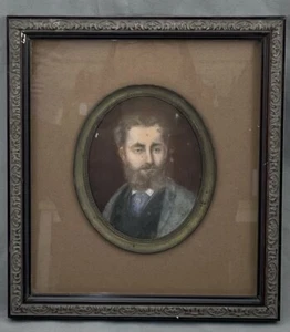 MINIATURE PORTRAIT MAN W/ BEARD BLUE ASCOT Hand Painted Pastel Framed Antique - Picture 1 of 9